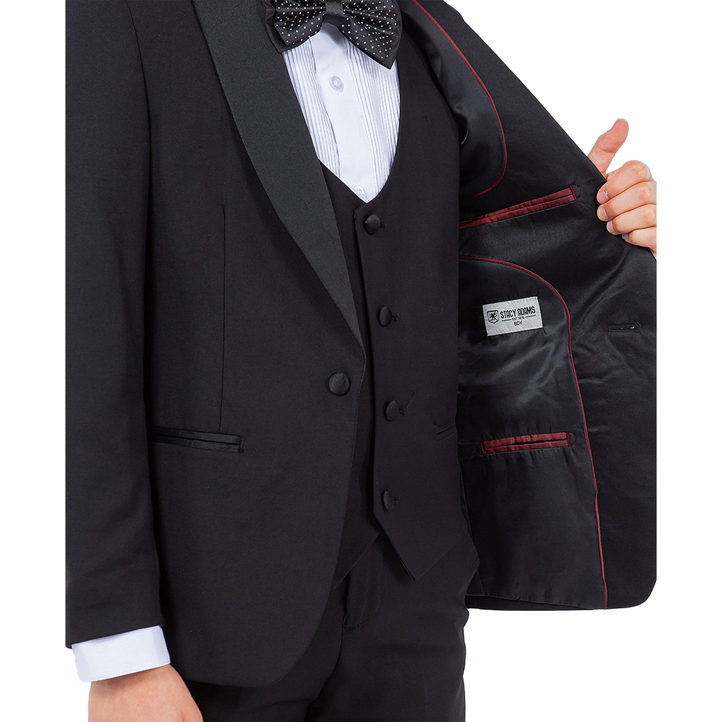 Black/Black Satin Shawl Lapel 5 Piece Slim Fit Stacy Adams Boy's Tuxedo