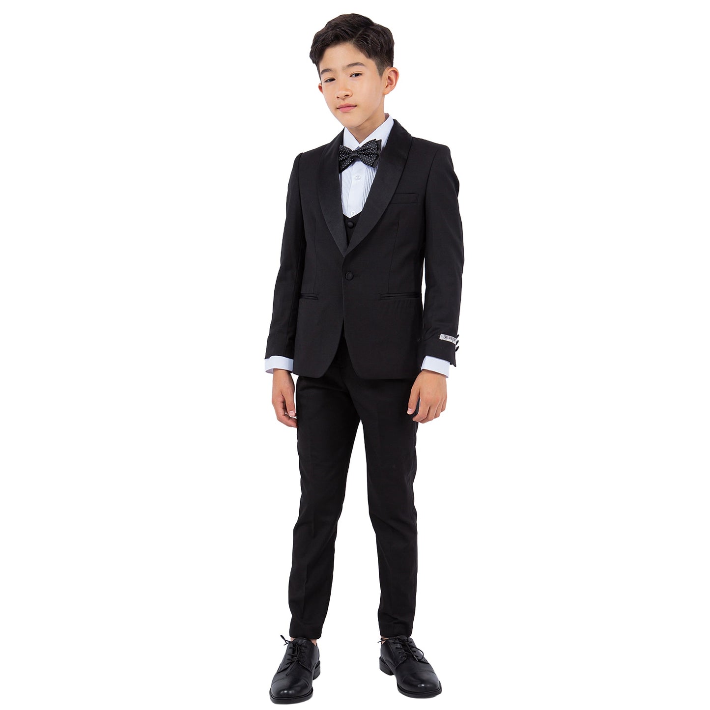 Black/Black Satin Shawl Lapel 5 Piece Slim Fit Stacy Adams Boy's Tuxedo