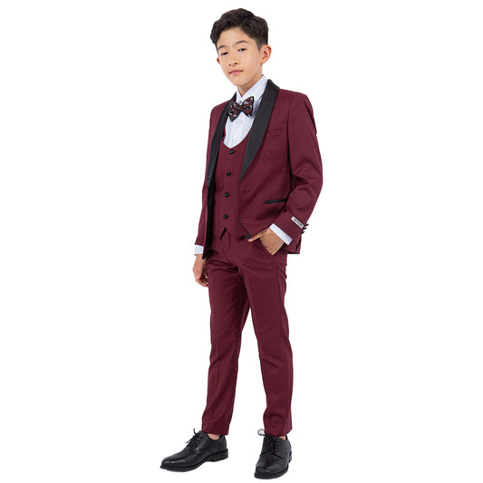 Burgundy/Black Satin Shawl Lapel 5 Piece Slim Fit Stacy Adams Boy's Tuxedo