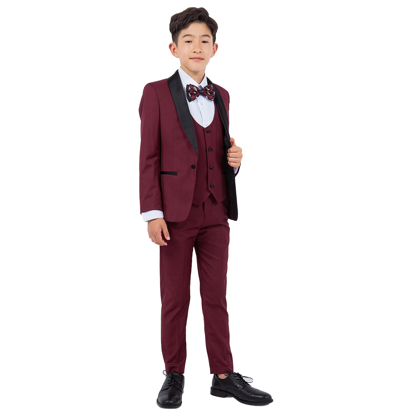 Burgundy/Black Satin Shawl Lapel 5 Piece Slim Fit Stacy Adams Boy's Tuxedo