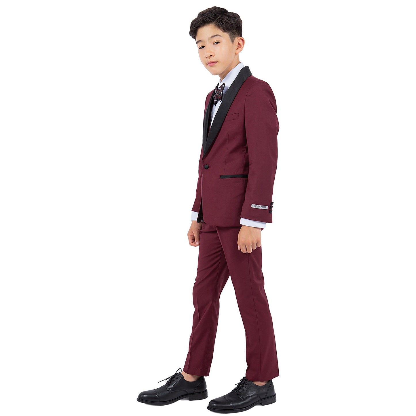 Burgundy/Black Satin Shawl Lapel 5 Piece Slim Fit Stacy Adams Boy's Tuxedo