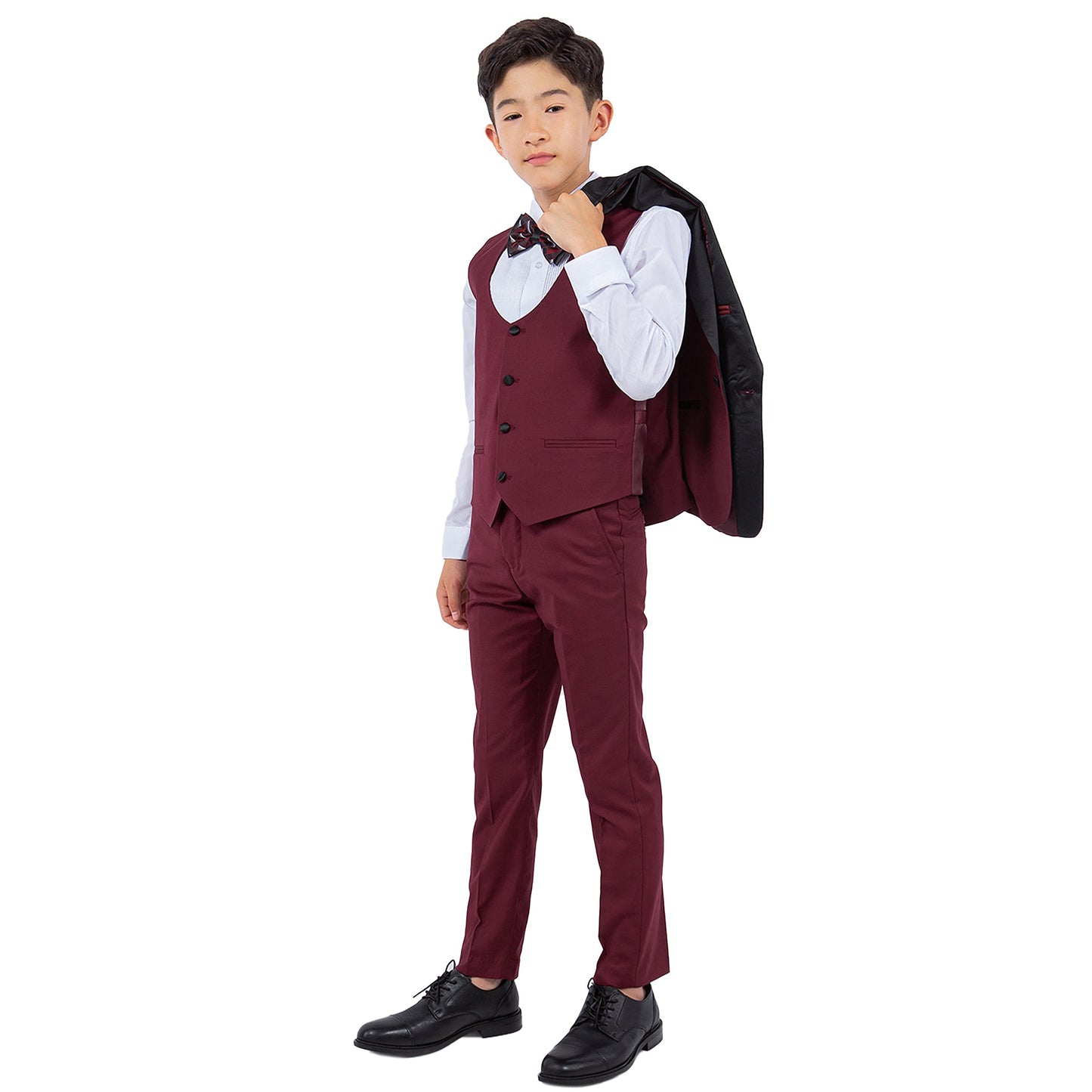 Burgundy/Black Satin Shawl Lapel 5 Piece Slim Fit Stacy Adams Boy's Tuxedo