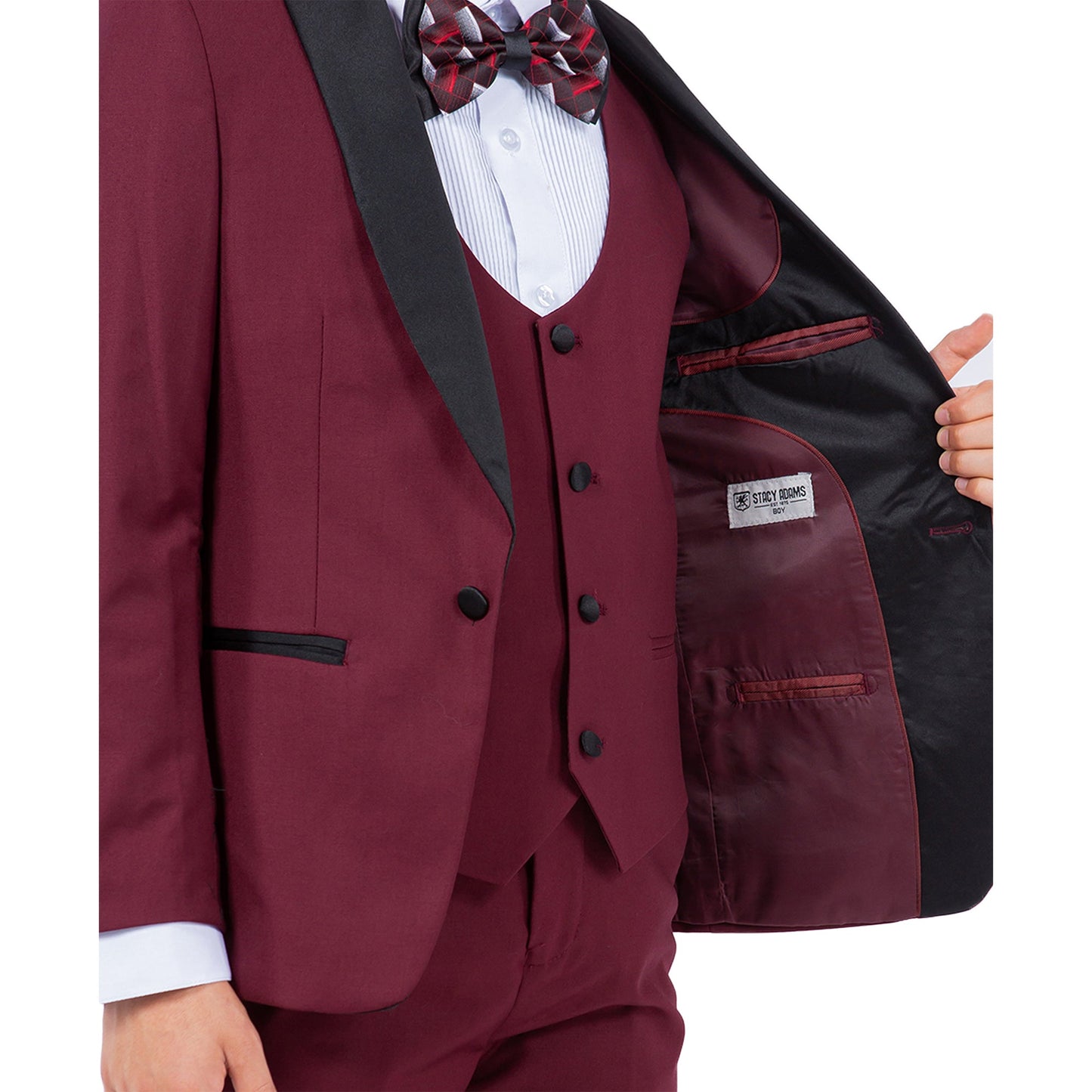 Burgundy/Black Satin Shawl Lapel 5 Piece Slim Fit Stacy Adams Boy's Tuxedo