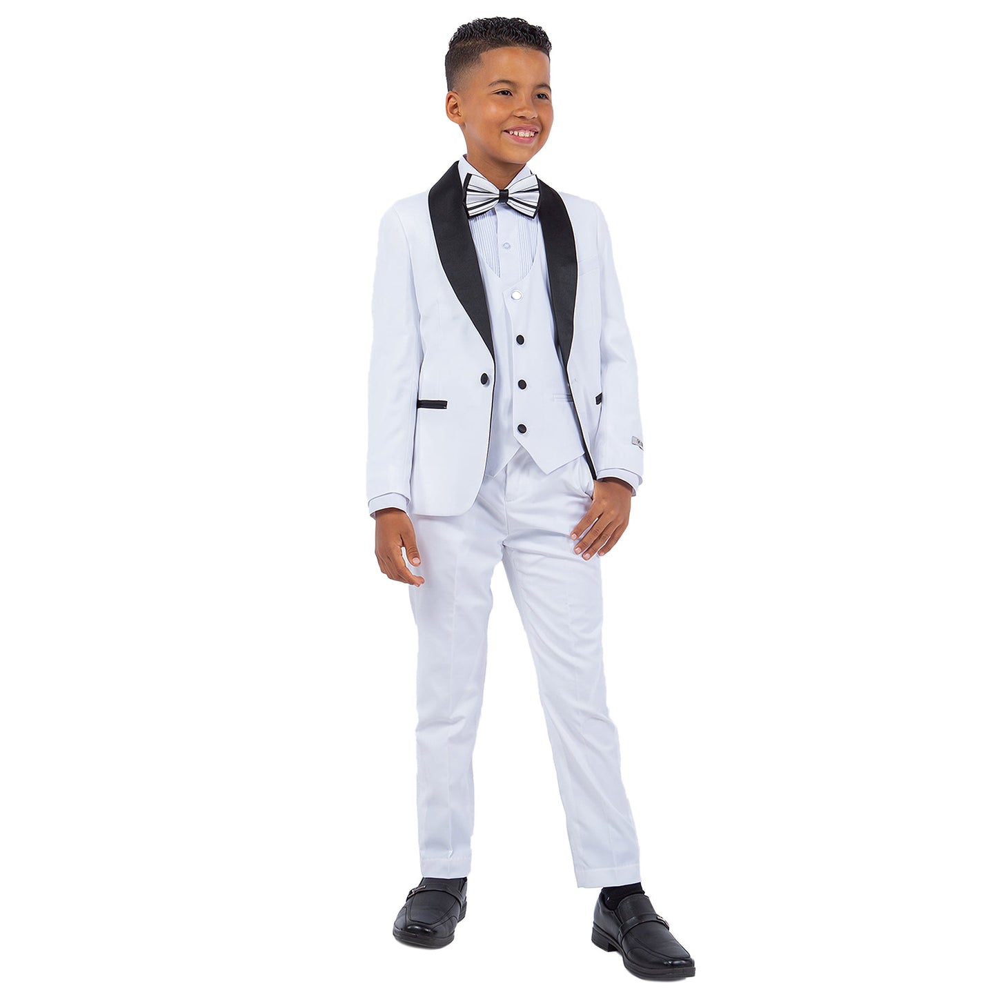 White/Black Satin Shawl Lapel 5 Piece Slim Fit Stacy Adams Boy's Tuxedo