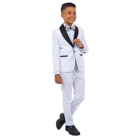 White/Black Satin Shawl Lapel 5 Piece Slim Fit Stacy Adams Boy's Tuxedo