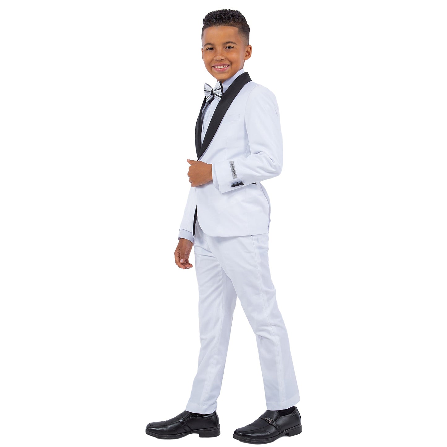 White/Black Satin Shawl Lapel 5 Piece Slim Fit Stacy Adams Boy's Tuxedo