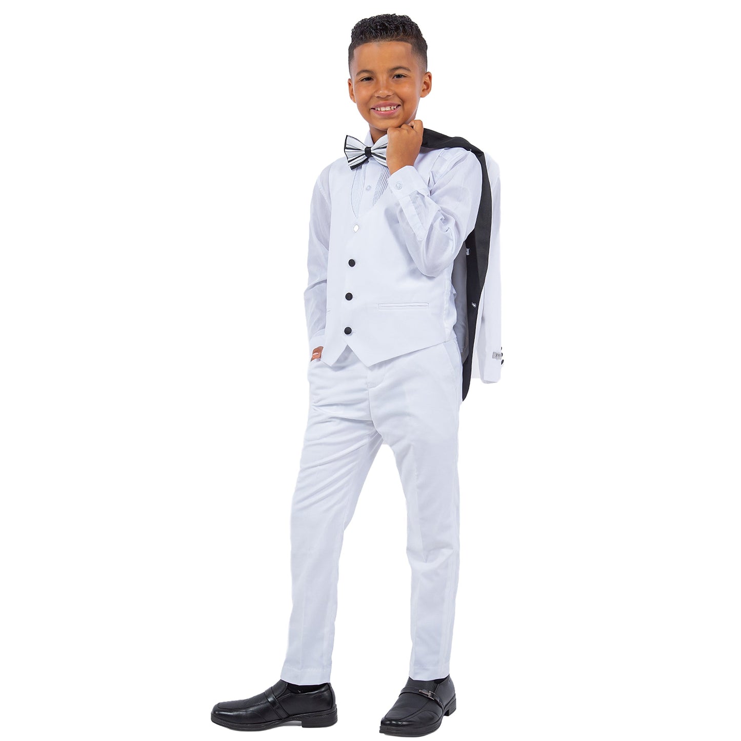 White/Black Satin Shawl Lapel 5 Piece Slim Fit Stacy Adams Boy's Tuxedo