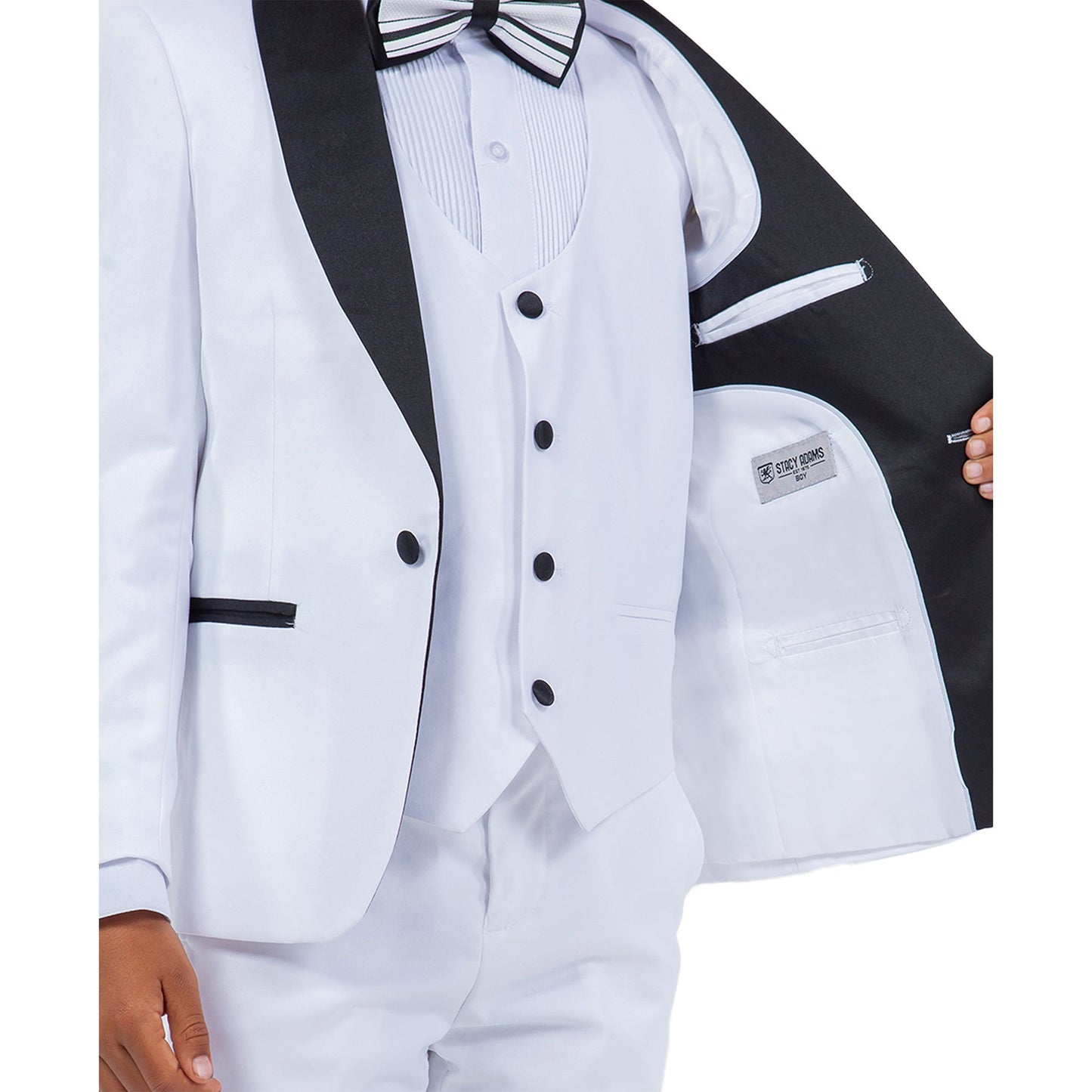 White/Black Satin Shawl Lapel 5 Piece Slim Fit Stacy Adams Boy's Tuxedo