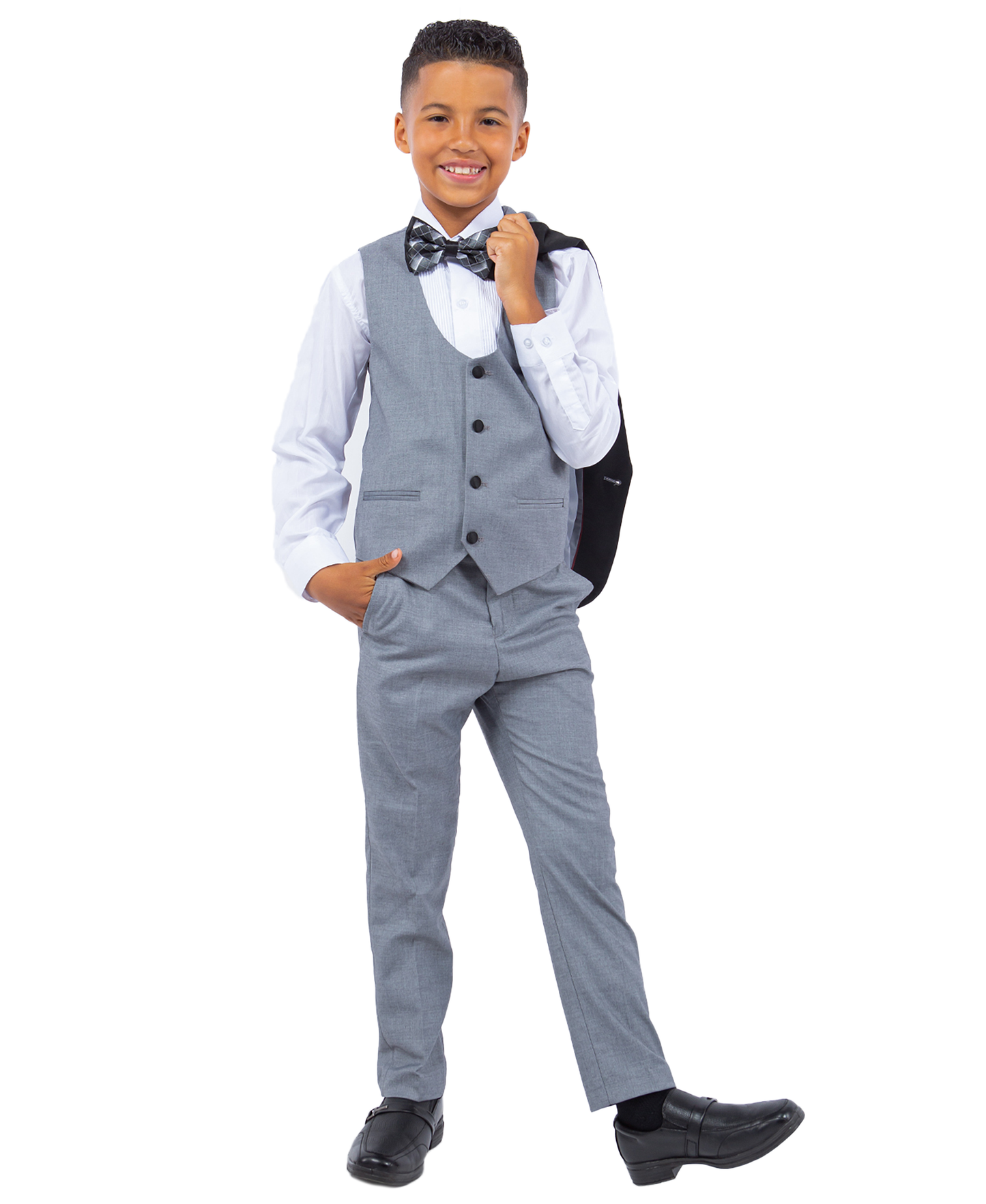 Med Grey/Black Satin Shawl Lapel 5 Piece Slim Fit Stacy Adams Boy's Tuxedo