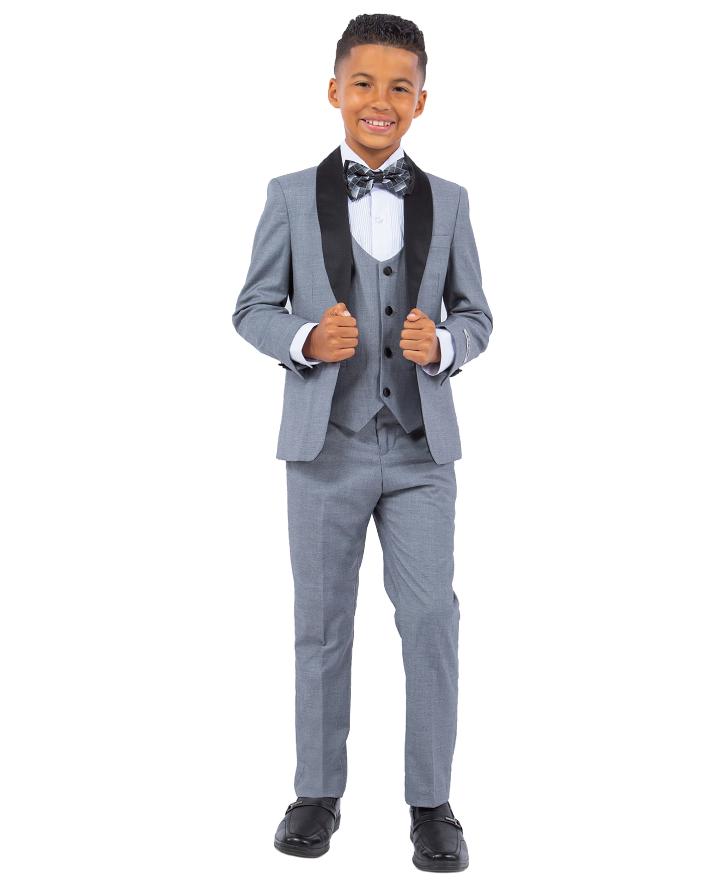 Med Grey/Black Satin Shawl Lapel 5 Piece Slim Fit Stacy Adams Boy's Tuxedo