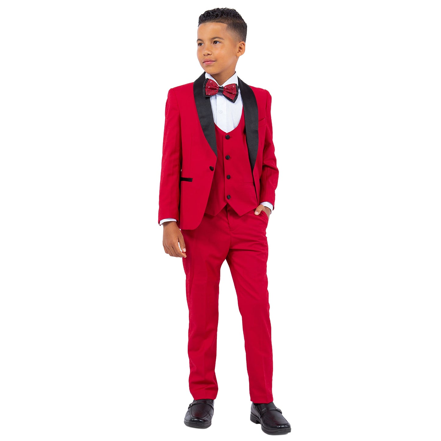 Red/Black Satin Shawl Lapel 5 Piece Slim Fit Stacy Adams Boy's Tuxedo