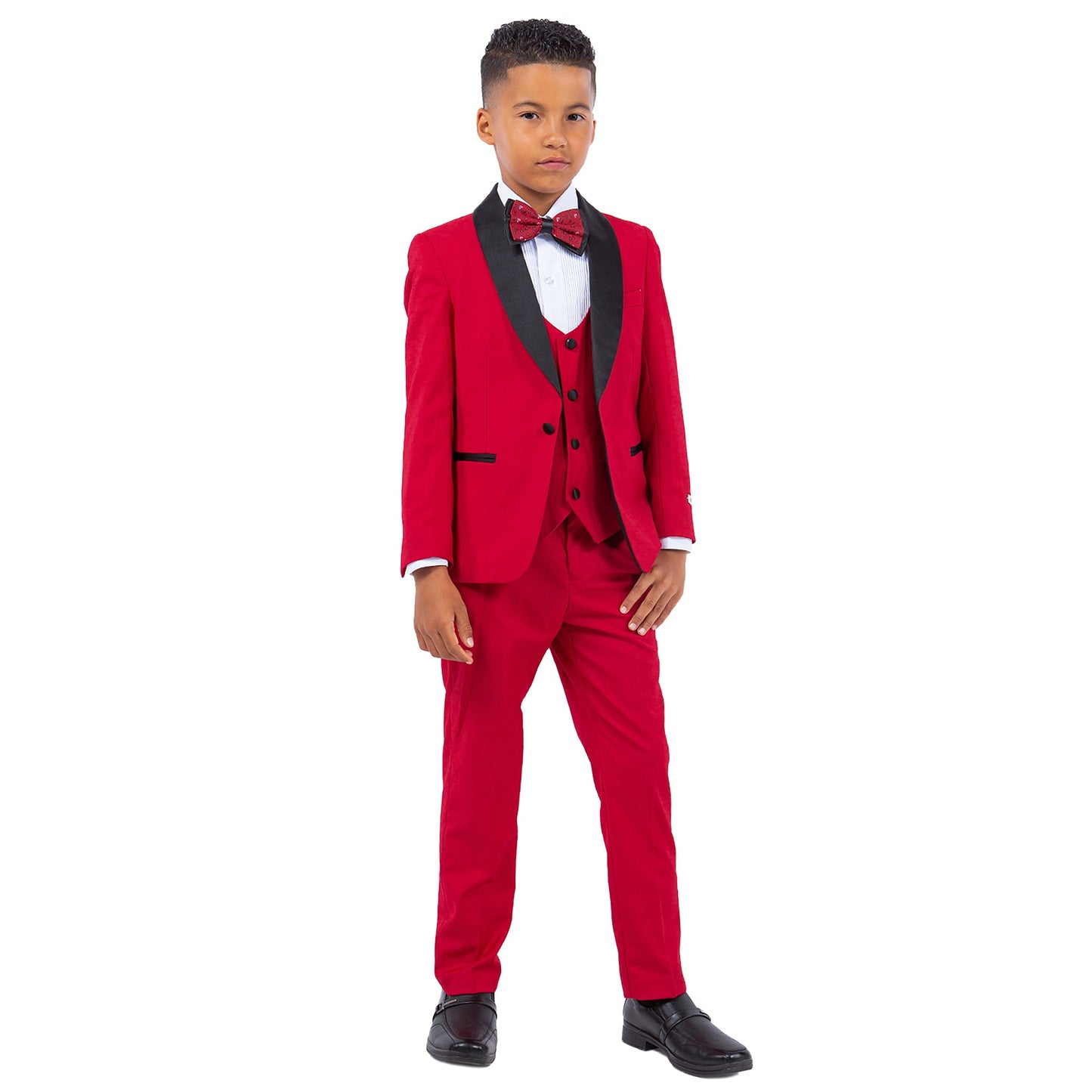 Red/Black Satin Shawl Lapel 5 Piece Slim Fit Stacy Adams Boy's Tuxedo