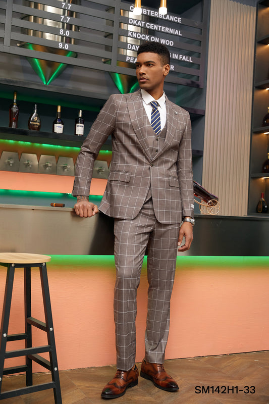 Brown Windowpane 3 Piece Peak Lapel Stacy Adams Men's Hybrid Suit