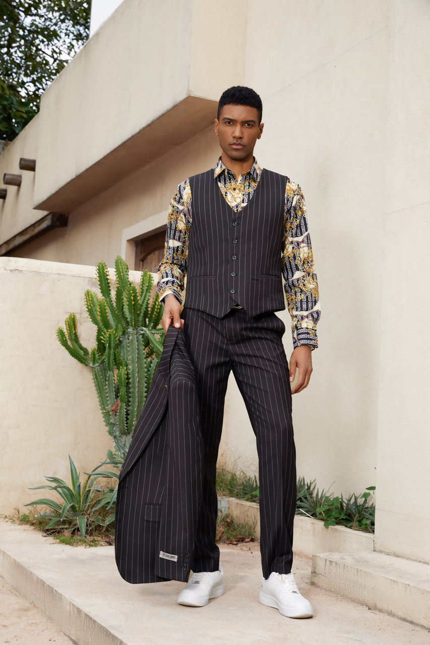 Black Pinstriped 3 Piece Peak Lapel Stacy Adams Men's Hybrid Suit