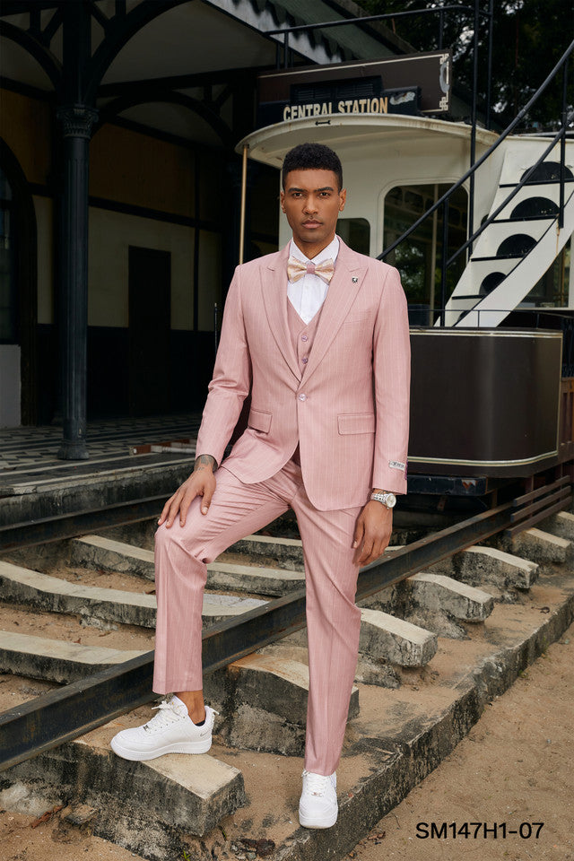 Pink Pinstriped 3 Piece Peak Lapel Stacy Adams Men's Hybrid Suit