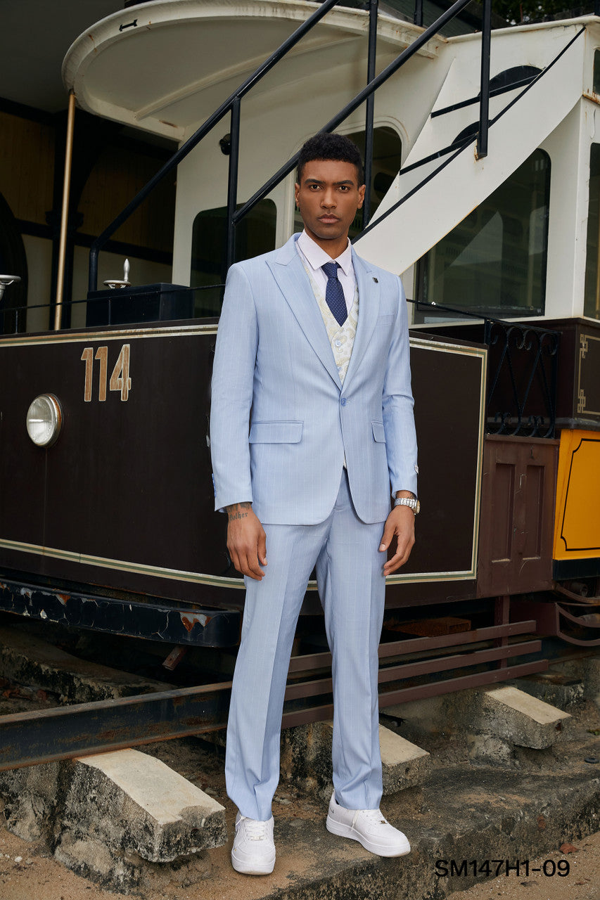 Baby Blue Pinstriped 3 Piece Peak Lapel Stacy Adams Men's Hybrid Suit