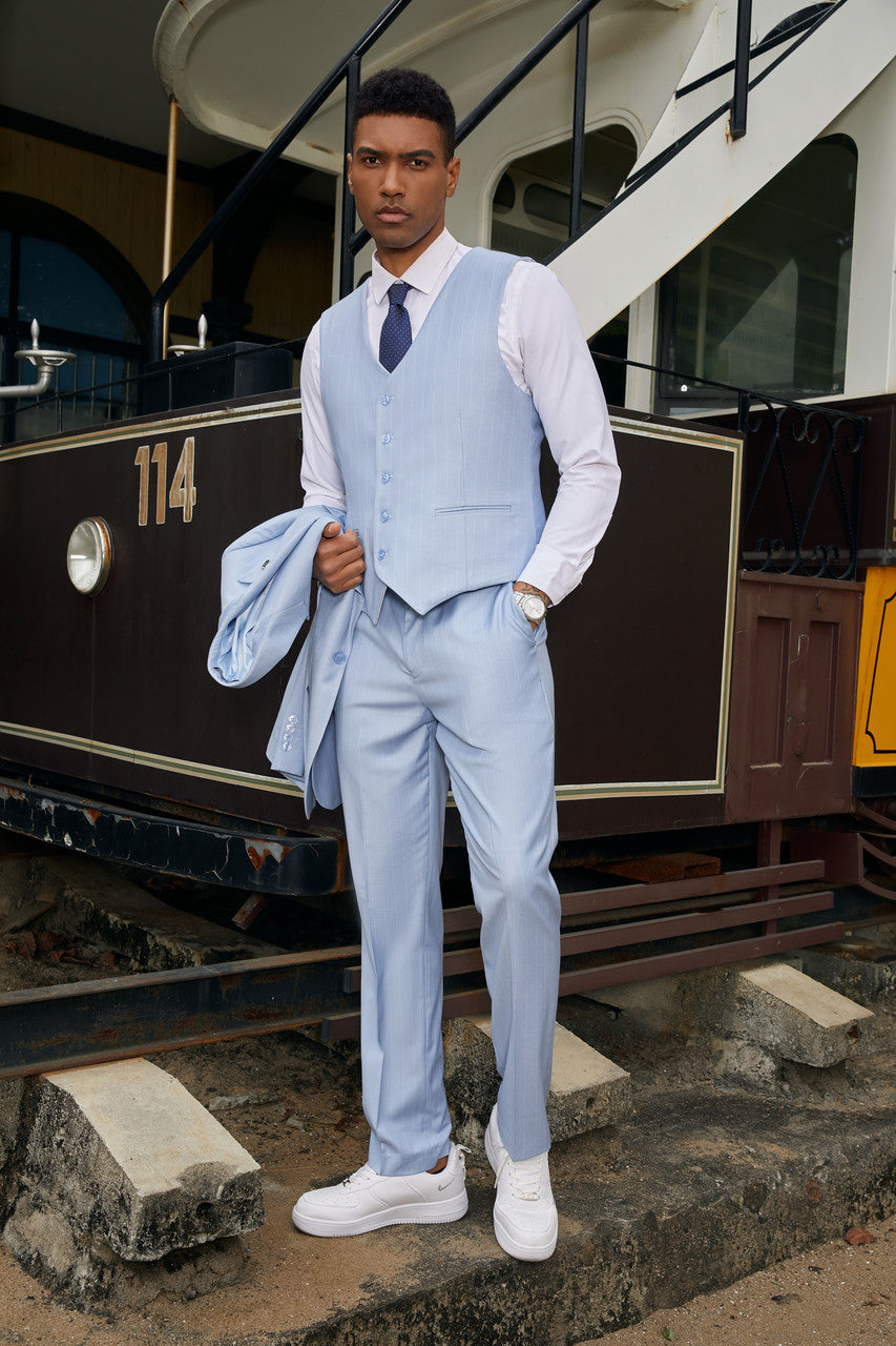 Baby Blue Pinstriped 3 Piece Peak Lapel Stacy Adams Men's Hybrid Suit