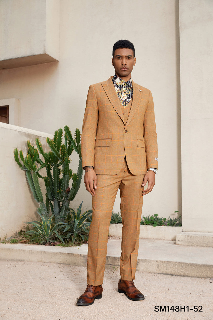 Orange Windowpane 3 Piece Peak Lapel Stacy Adams Men's Hybrid Suit