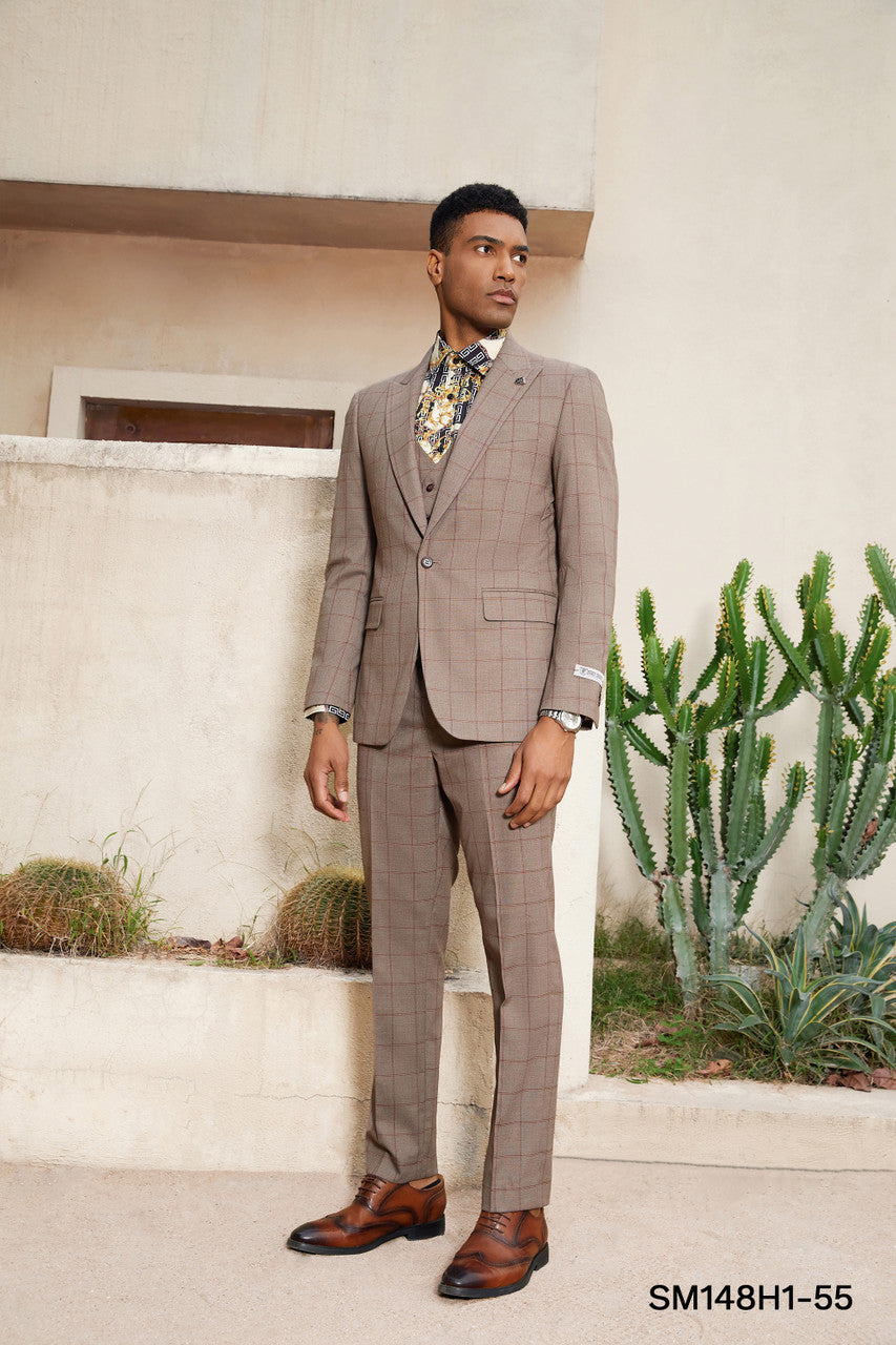 Dark Pink Windowpane 3 Piece Peak Lapel Stacy Adams Men's Hybrid Suit