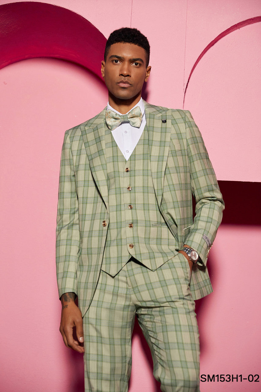 Green Glen Plaid 3 Piece Peak Lapel Stacy Adams Men's Hybrid Suit