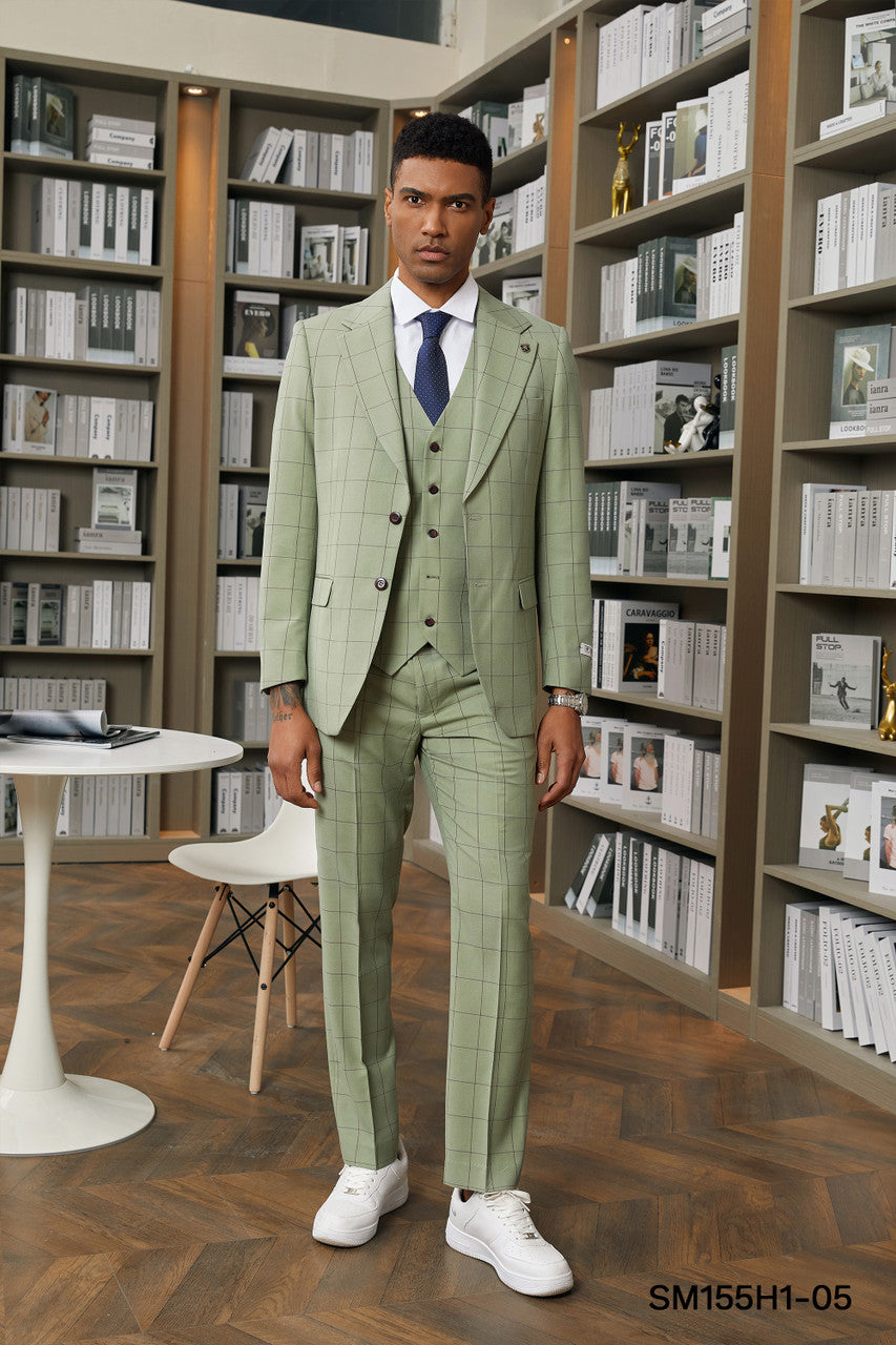 Green Windowpane 3 Piece NotchLapel Stacy Adams Men's Hybrid Suit