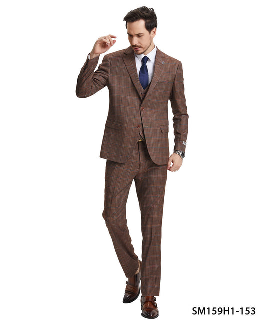 Brown Plaid 3 Piece Notch Lapel Stacy Adams Men's Hybrid Suit