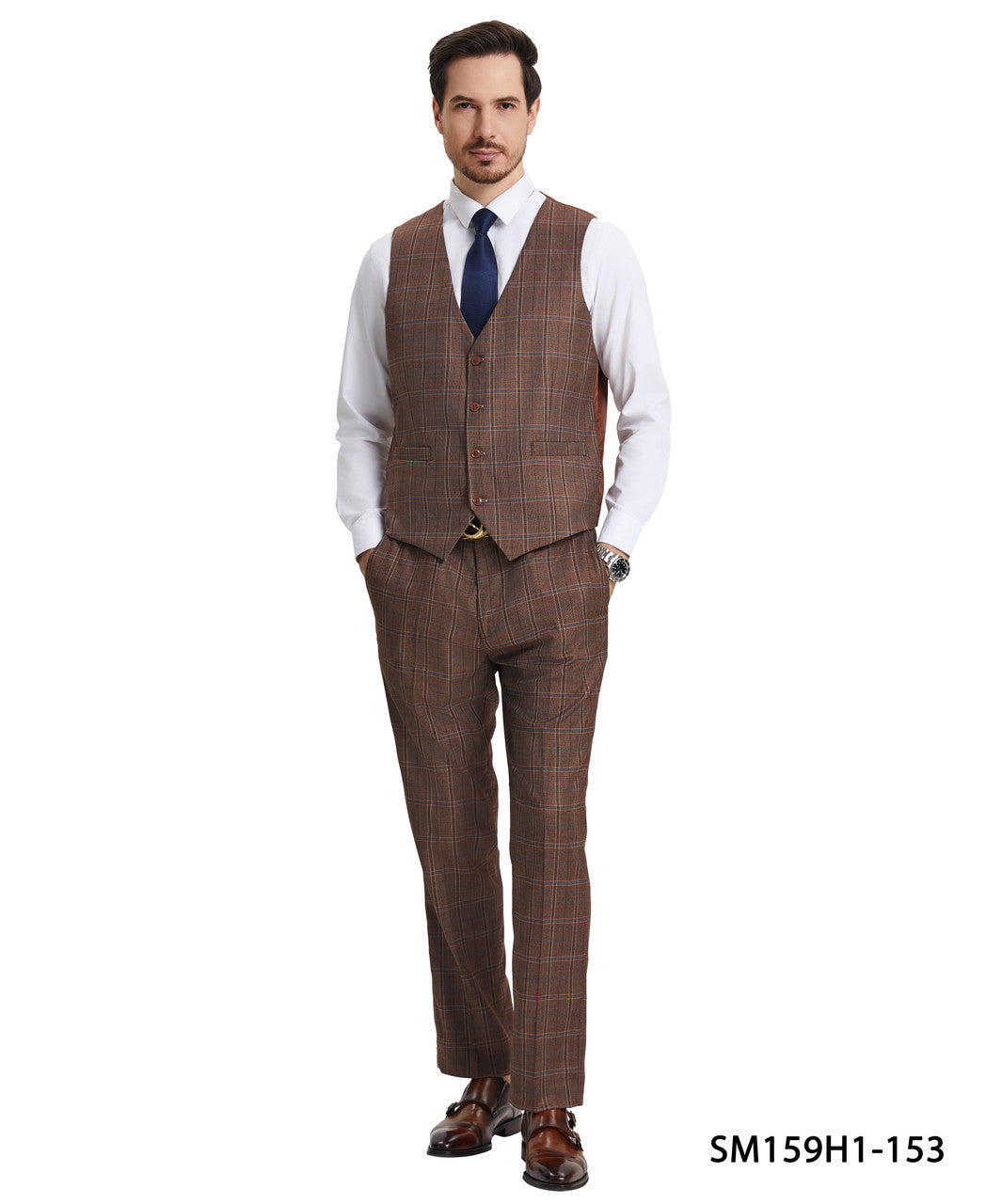 Brown Plaid 3 Piece Notch Lapel Stacy Adams Men's Hybrid Suit