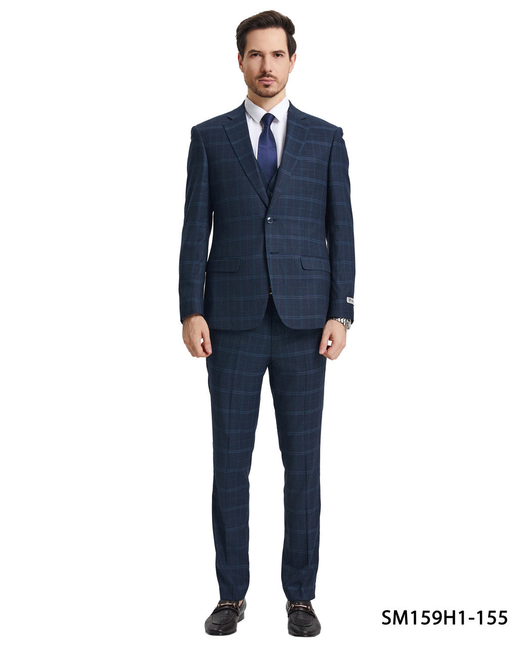 Navy Plaid 3 Piece Notch Lapel Stacy Adams Men's Hybrid Suit