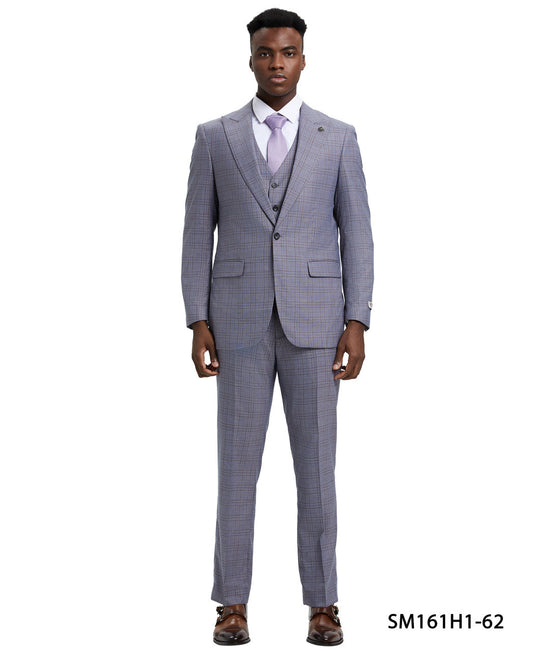 Silver Grey Plaid 3 Piece Peak Lapel Stacy Adams Men's Hybrid Suit