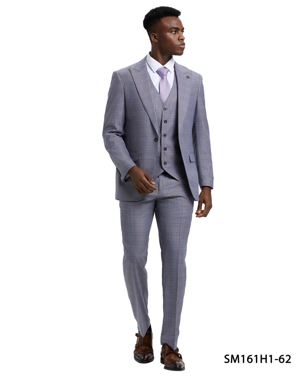 Silver Grey Plaid 3 Piece Peak Lapel Stacy Adams Men's Hybrid Suit