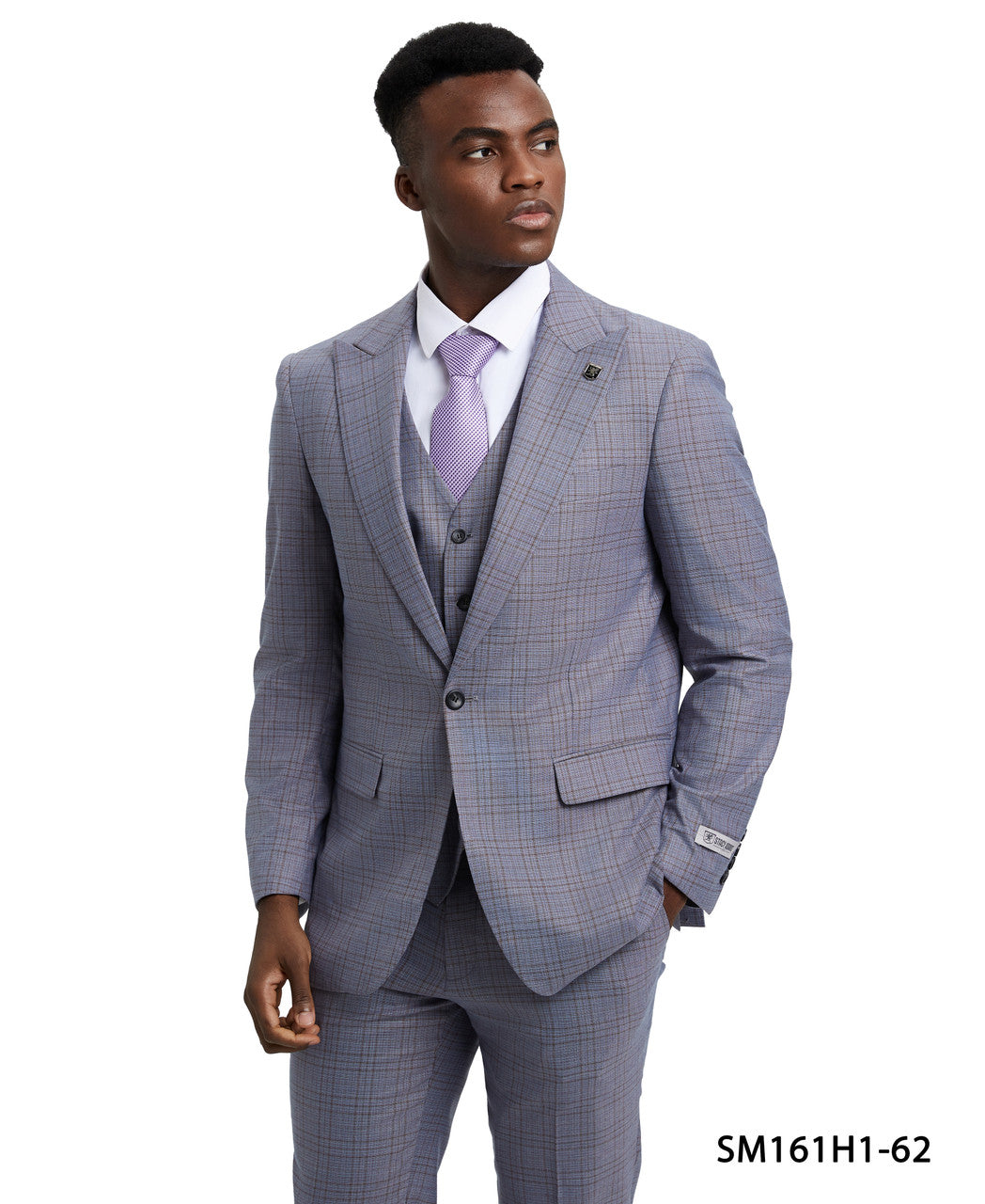 Silver Grey Plaid 3 Piece Peak Lapel Stacy Adams Men's Hybrid Suit