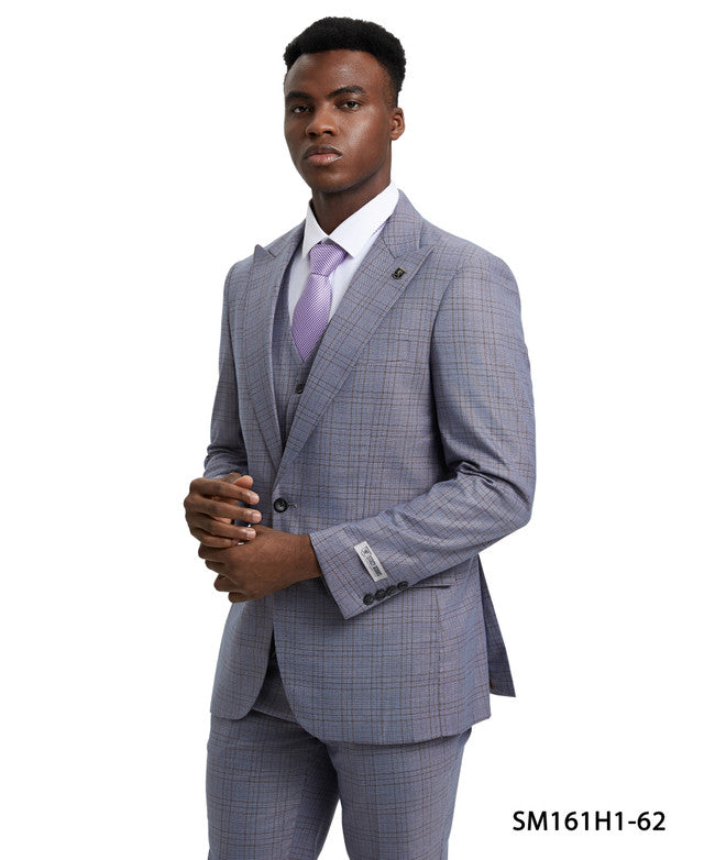 Silver Grey Plaid 3 Piece Peak Lapel Stacy Adams Men's Hybrid Suit