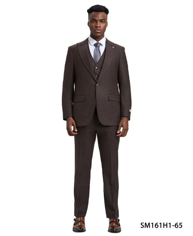 Dark Brown Plaid 3 Piece Peak Lapel Stacy Adams Men's Hybrid Suit