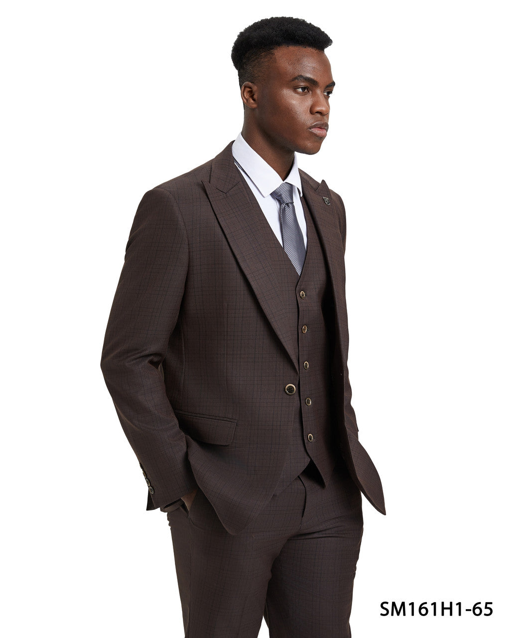 Dark Brown Plaid 3 Piece Peak Lapel Stacy Adams Men's Hybrid Suit