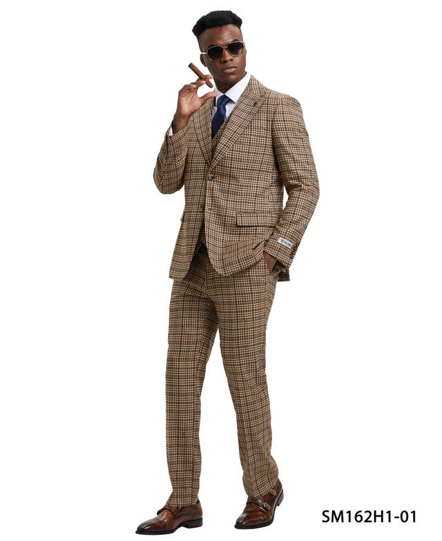 Brown Plaid 3 Piece Notch Lapel Stacy Adams Men's Hybrid Suit