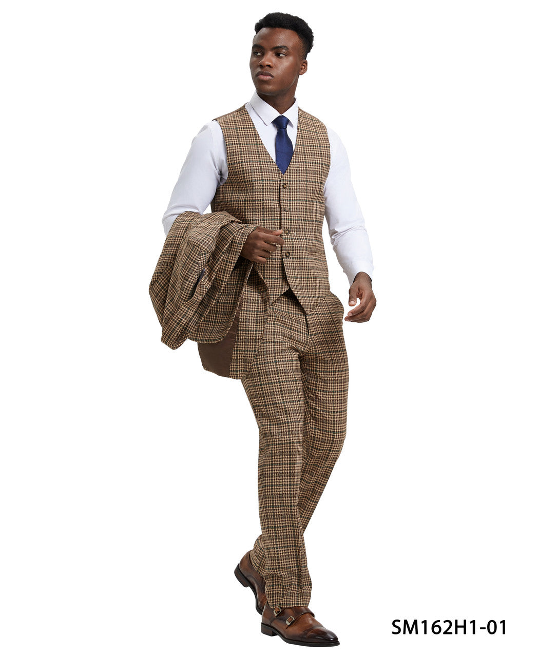 Brown Plaid 3 Piece Notch Lapel Stacy Adams Men's Hybrid Suit