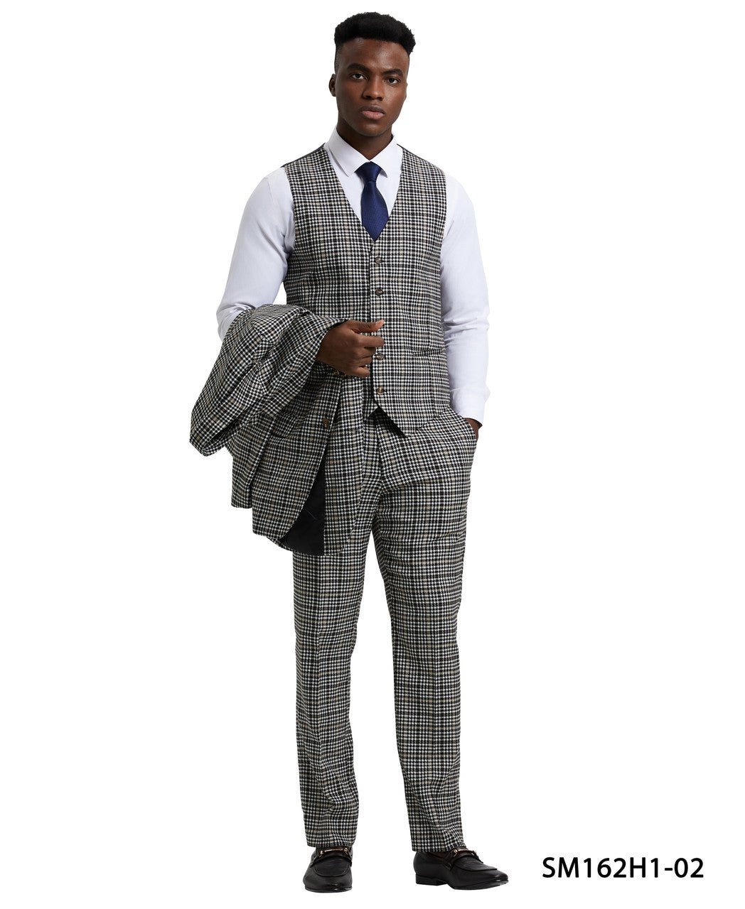 White/Black Plaid 3 Piece Notch Lapel Stacy Adams Men's Hybrid Suit