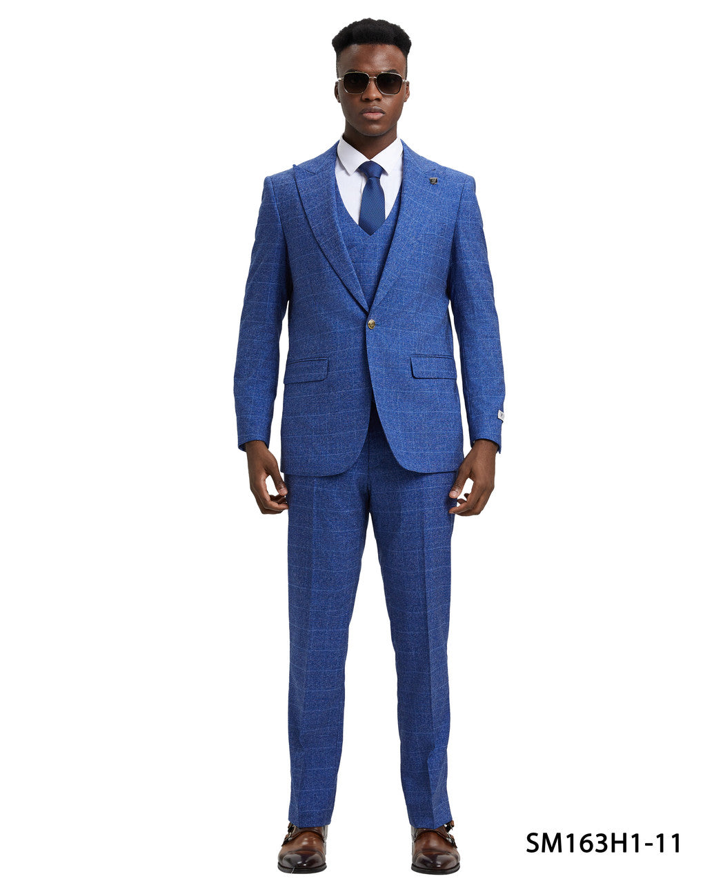 Blue Plaid 3 Piece Gold Buttons Peak Lapel Stacy Adams Men's Hybrid Suit