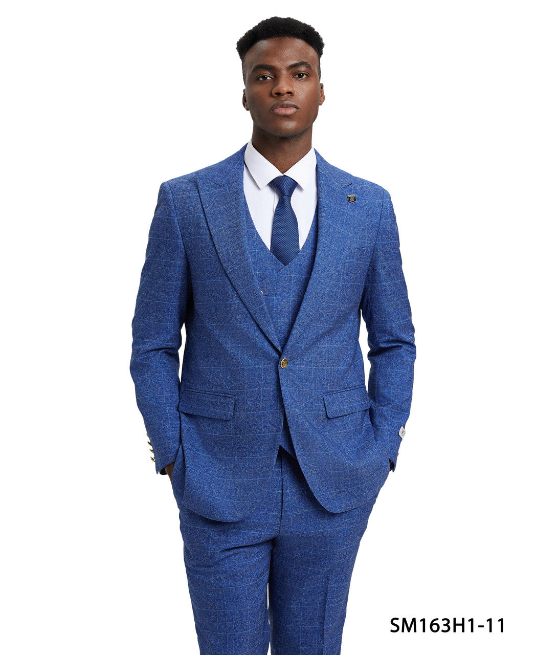 Blue Plaid 3 Piece Gold Buttons Peak Lapel Stacy Adams Men's Hybrid Suit