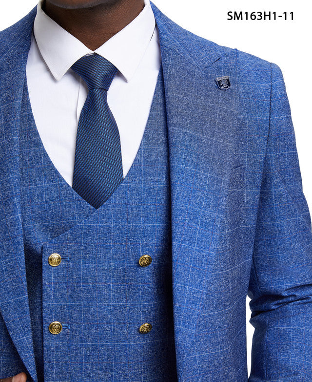 Blue Plaid 3 Piece Gold Buttons Peak Lapel Stacy Adams Men's Hybrid Suit