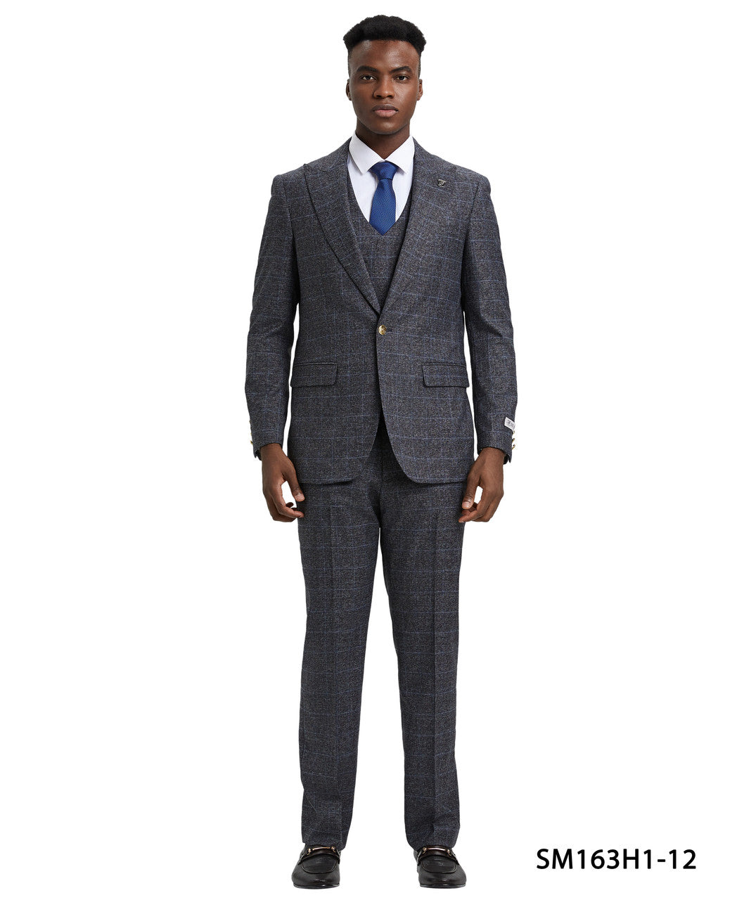 Grey Plaid 3 Piece Gold Buttons Peak Lapel Stacy Adams Men's Hybrid Suit