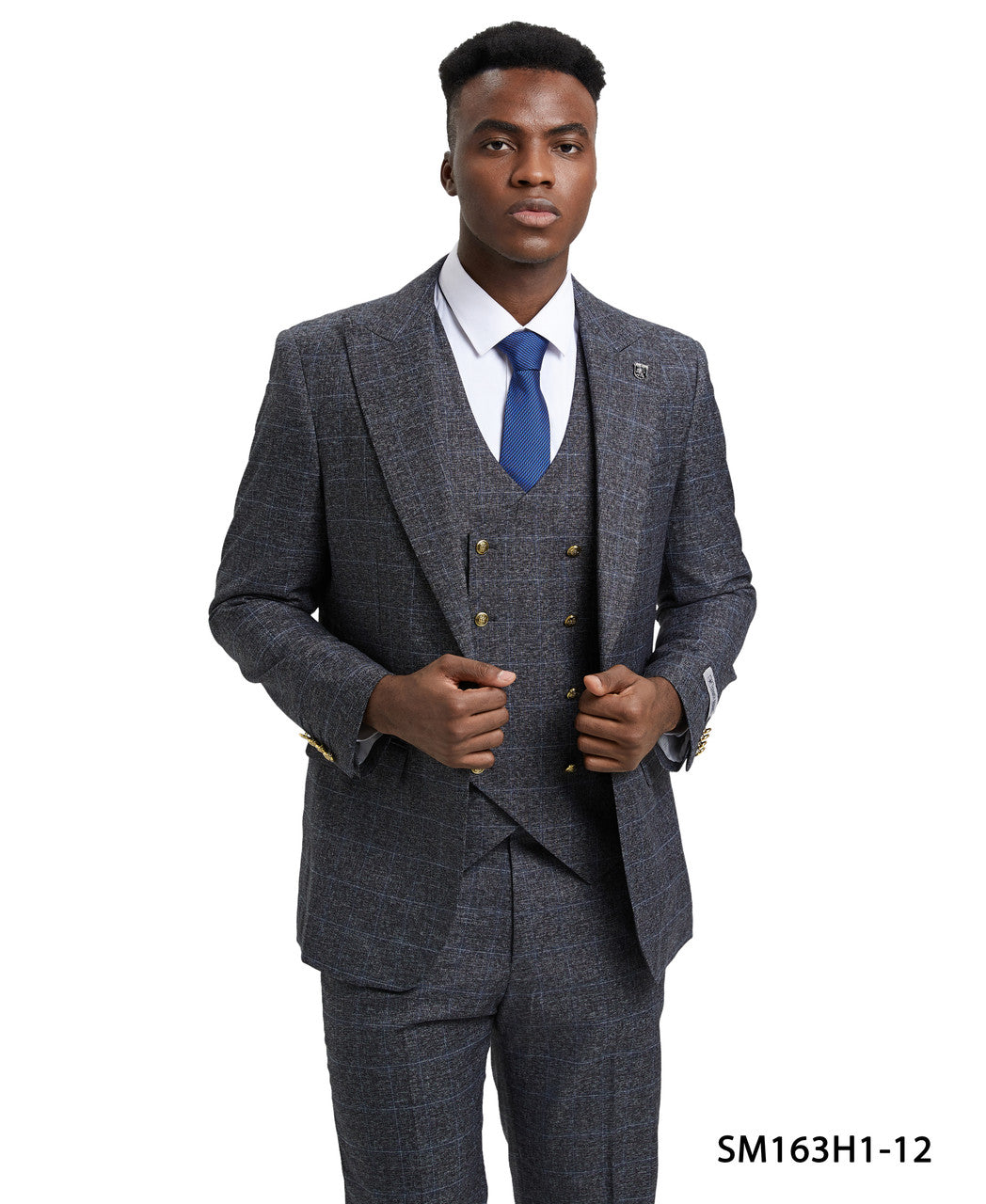 Grey Plaid 3 Piece Gold Buttons Peak Lapel Stacy Adams Men's Hybrid Suit