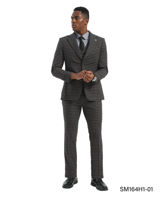 Grey Houndstooth 3 Piece Notch Lapel Stacy Adams Men's Hybrid Suit