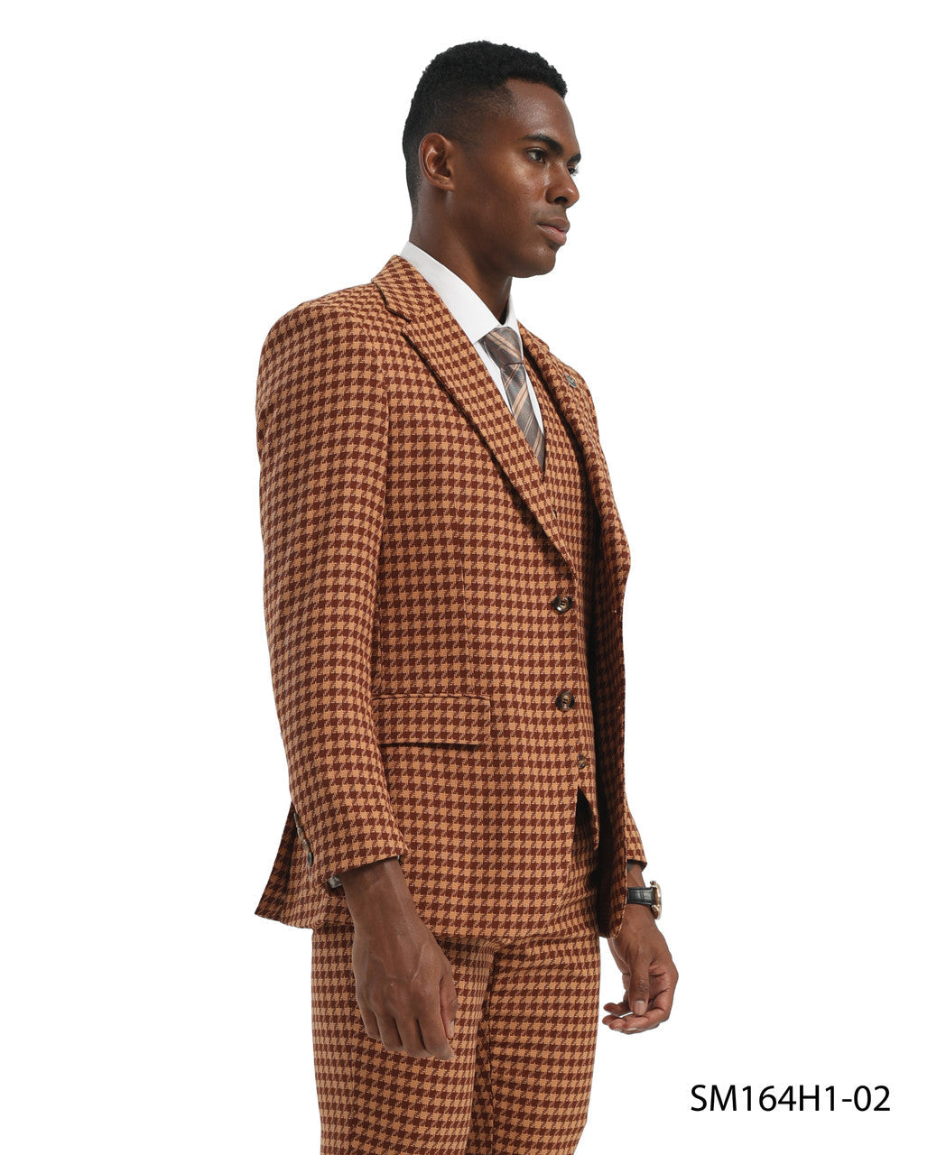 Orange Houndstooth 3 Piece Notch Lapel Stacy Adams Men's Hybrid Suit