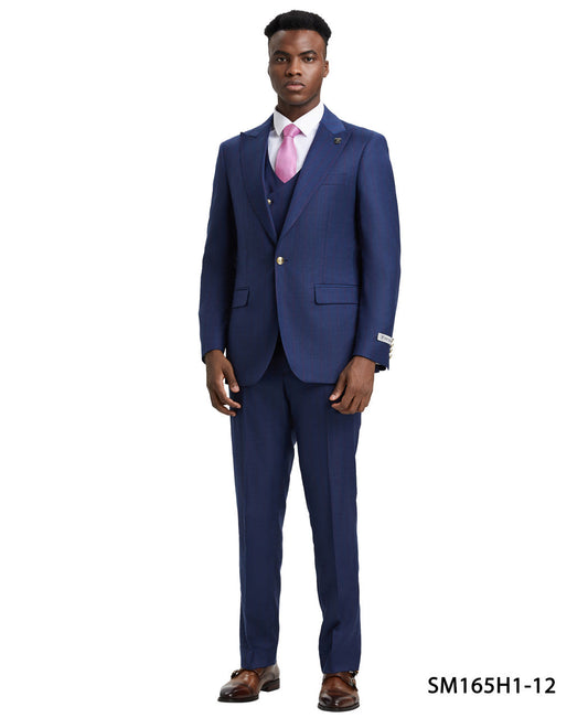 Navy Plaid 3 Piece Gold Buttons Peak Lapel Stacy Adams Men's Hybrid Suit