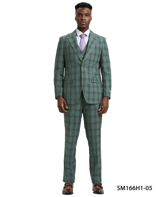 Green Plaid 3 Piece Notch Lapel Stacy Adams Men's Hybrid Suit