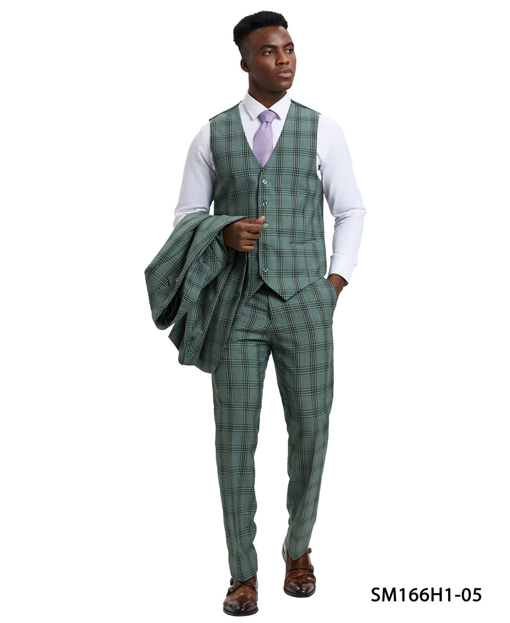 Green Plaid 3 Piece Notch Lapel Stacy Adams Men's Hybrid Suit