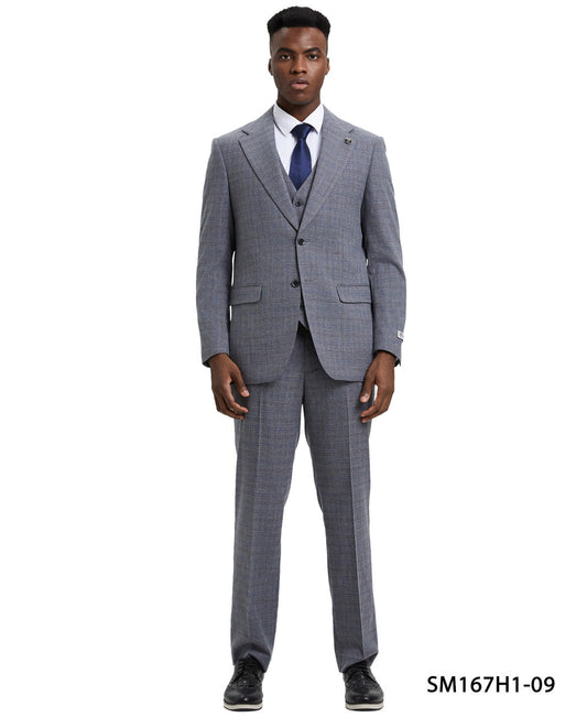 Grey Plaid 3 Piece Notch Lapel Stacy Adams Men's Hybrid Suit