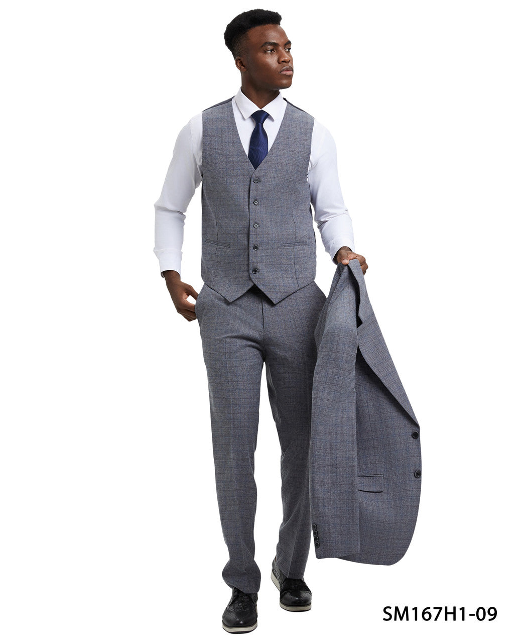 Grey Plaid 3 Piece Notch Lapel Stacy Adams Men's Hybrid Suit