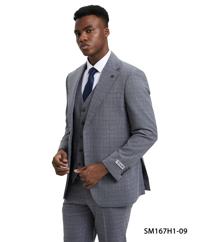 Grey Plaid 3 Piece Notch Lapel Stacy Adams Men's Hybrid Suit